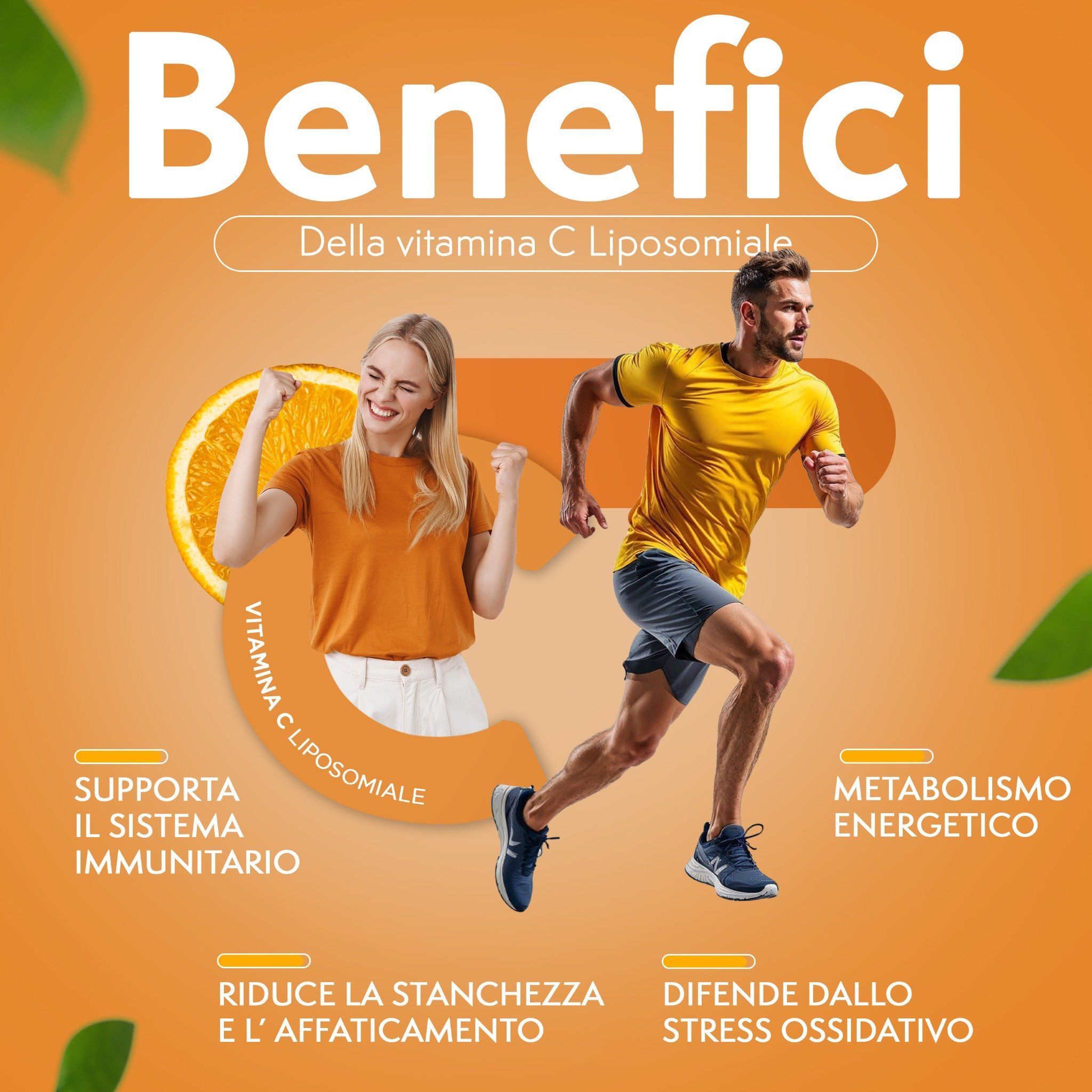Grafico: Benefici della vitamina C Liposomiale. Persone che fanno sport. Testo: 'BENEFICI'.
