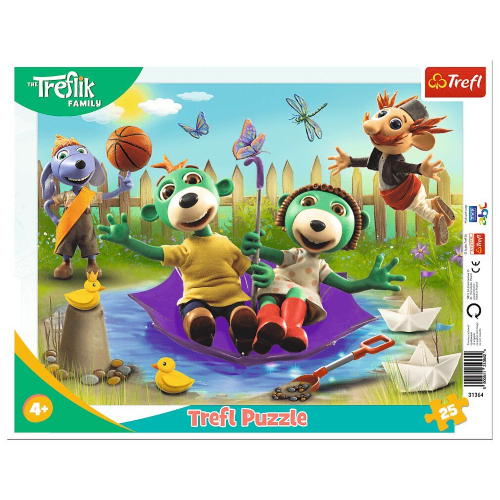 Puzzle da 25 pezzi. Tema: Famiglia Treflik. Confezione mostra puzzle completo con personaggi. Età consigliata: 4+