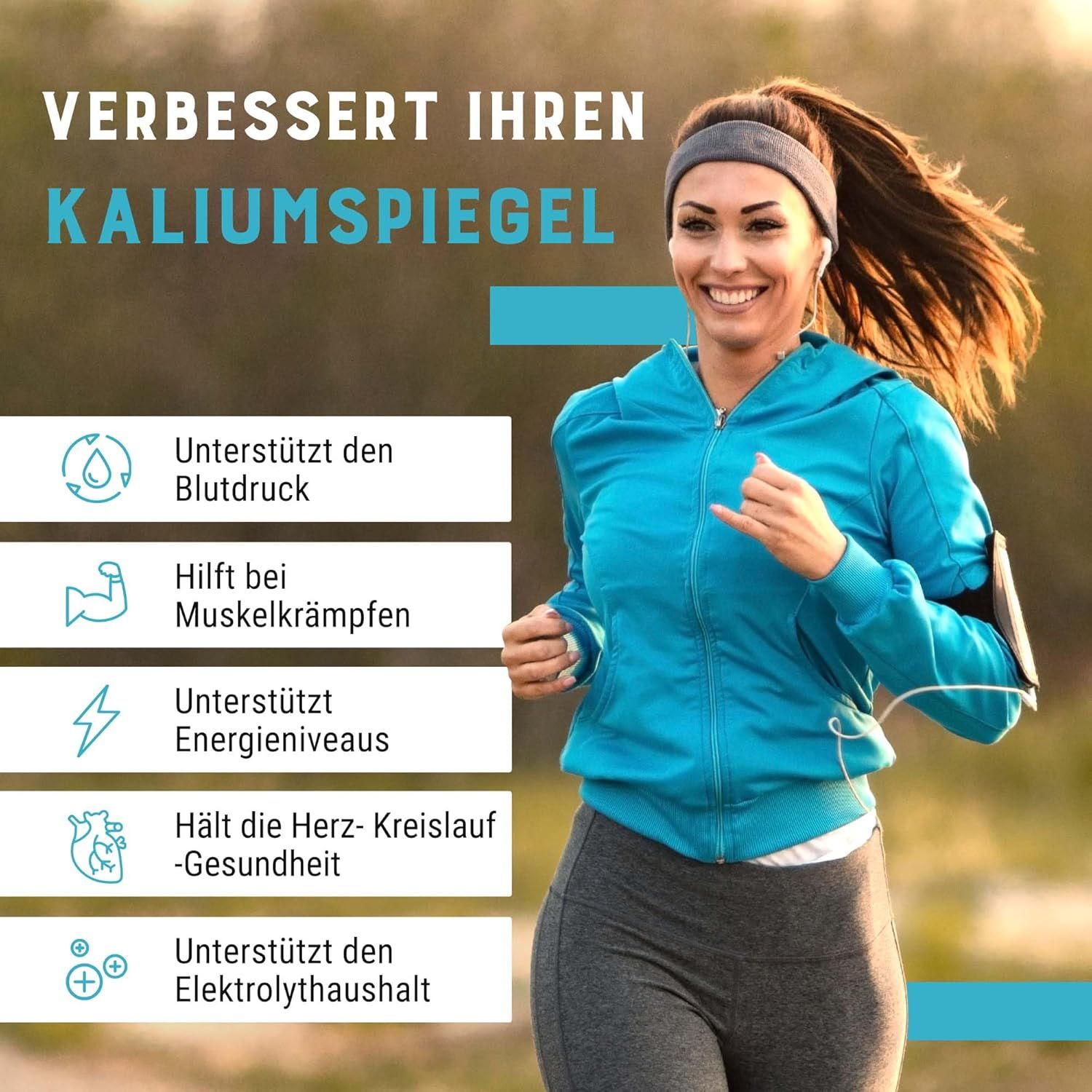 Corridora con fascia e auricolari. Testo: Supporta pressione sanguigna, crampi, energia, cardio, elettroliti.
