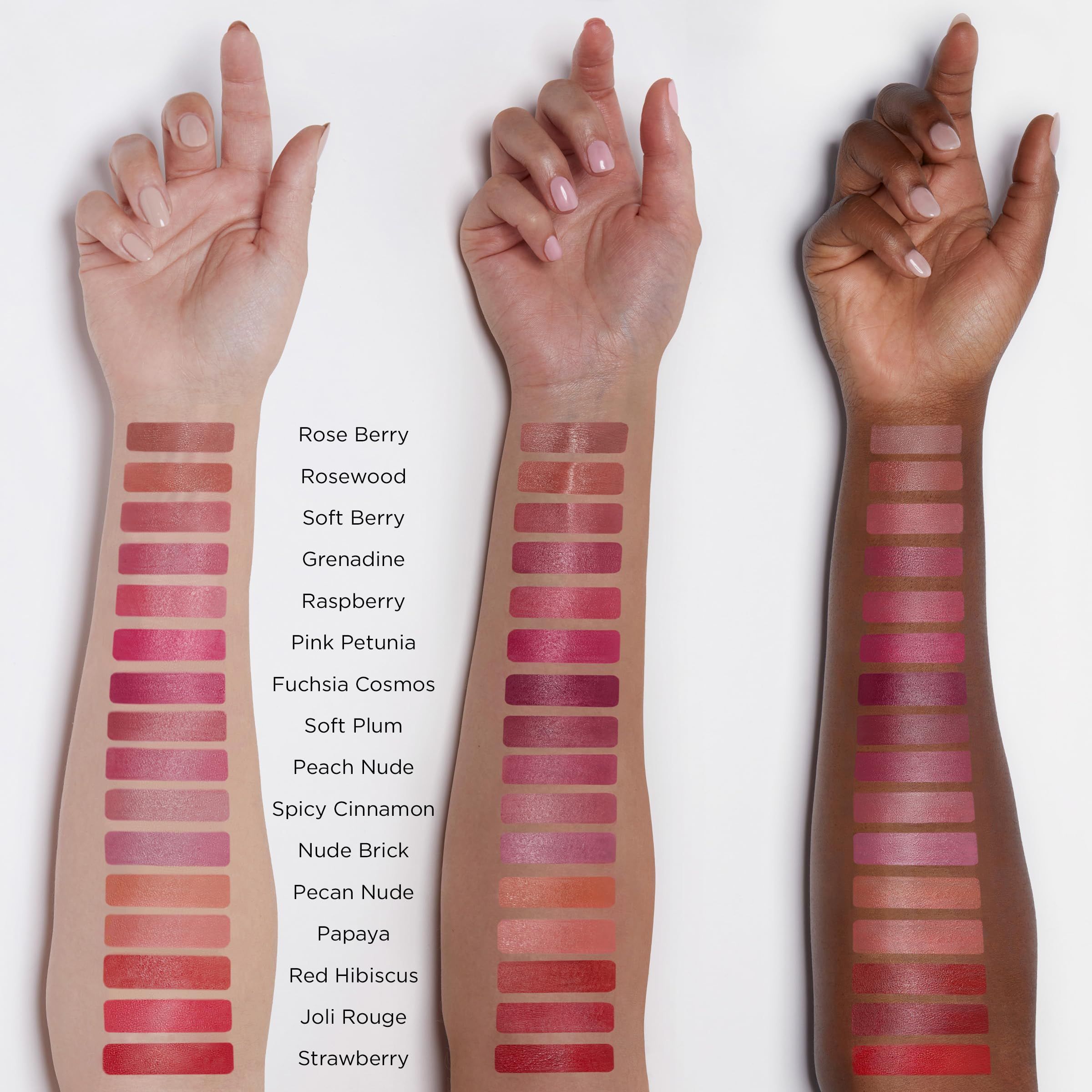 Braccia con tonalità di rossetto. Tonalità: Rose Berry, Joli Rouge, Fragola.