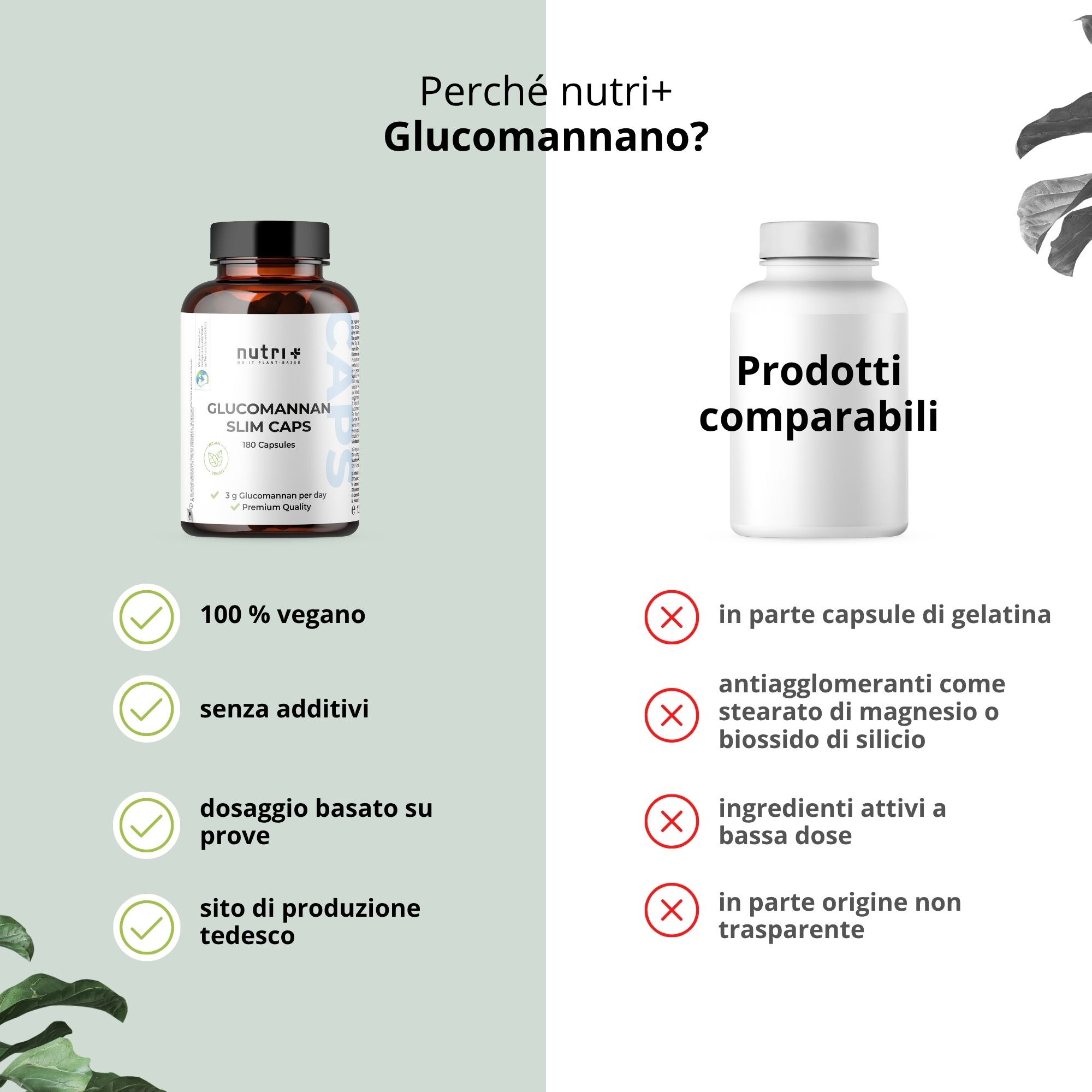 Confronto di due flaconi. Sinistra: Glucomannan Slim Caps. Destra: Prodotti comparabili. 100% vegano, senza additivi.