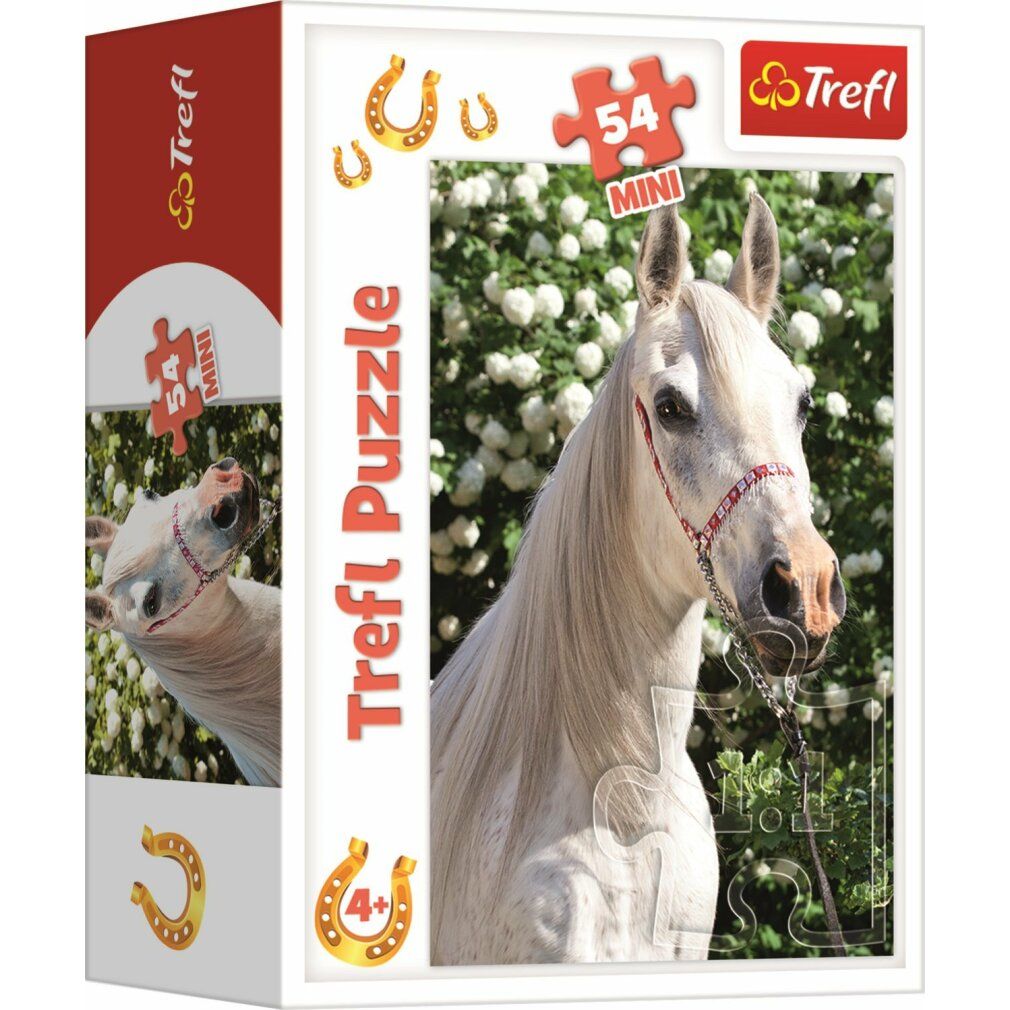 Scatola puzzle con cavallo. Stampa: Trefl Puzzle, 54 pezzi, Mini. Immagine di un cavallo bianco.