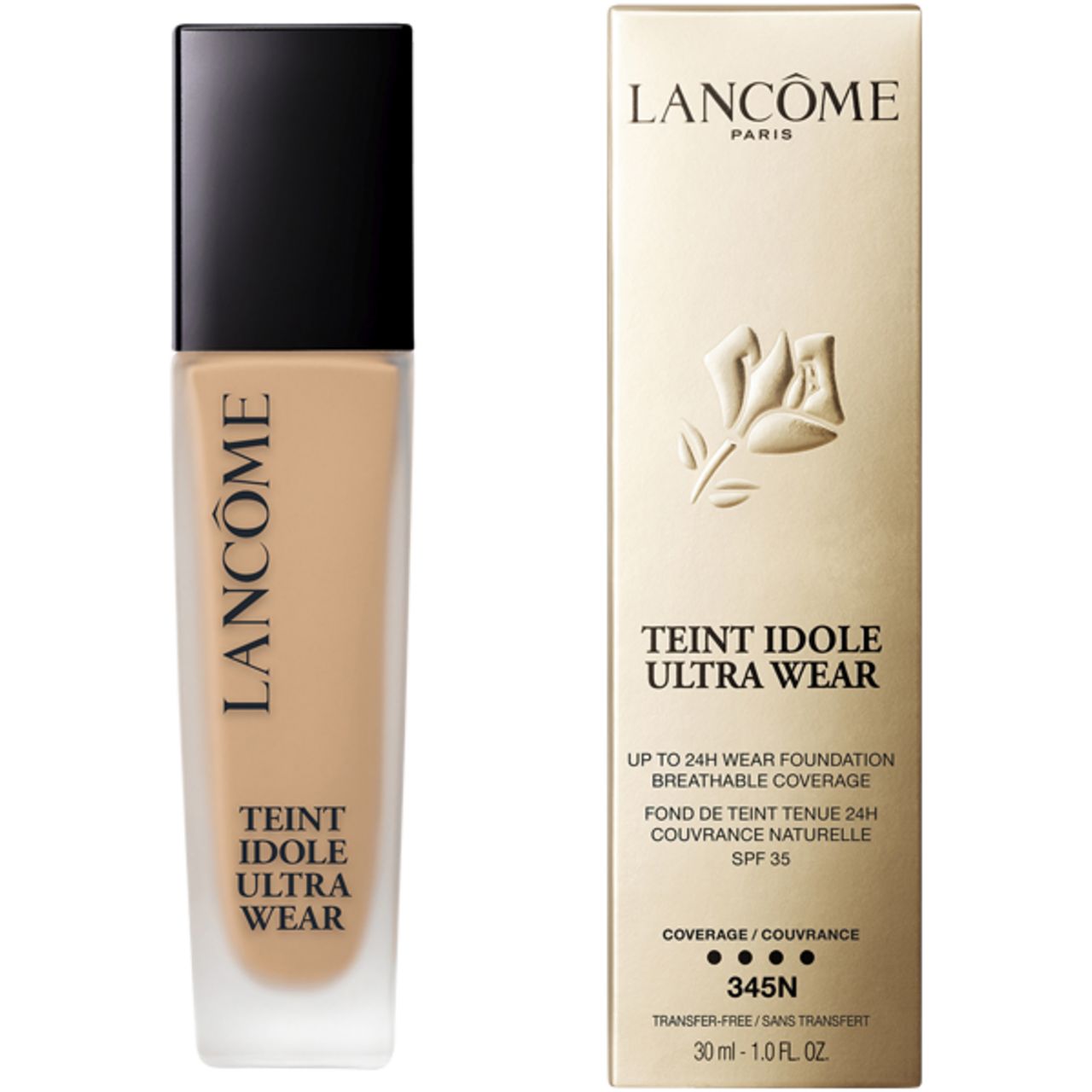 Fondotinta Lancôme Teint Idole Ultra Wear e confezione. Scritta SPF 35, 345N. Confezione dorata con logo rosa.