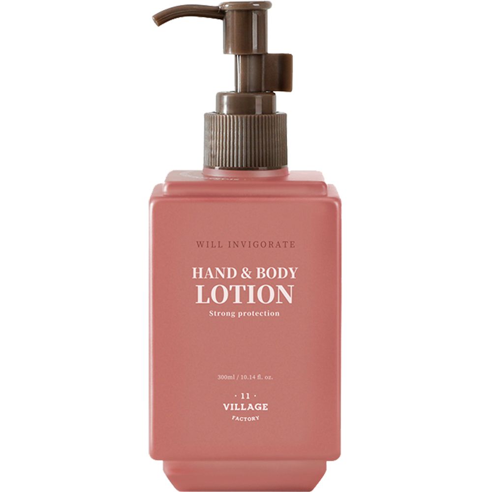Lozione rosa per mani e corpo con dosatore a pompa. Scritta: Hand & Body Lotion, Strong protection.