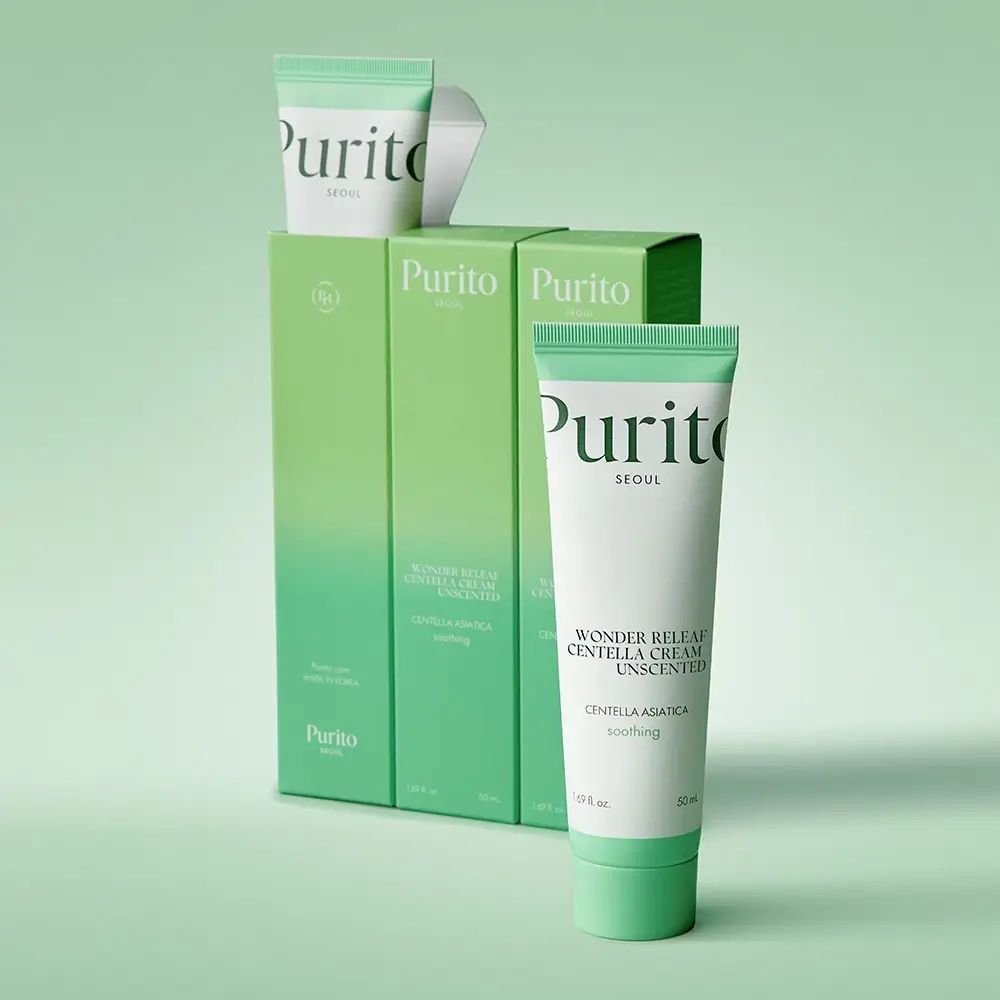 Confezione del prodotto con tubi. Scritto: Purito, Wonder Releaf Centella Cream Unscented. 50ml.