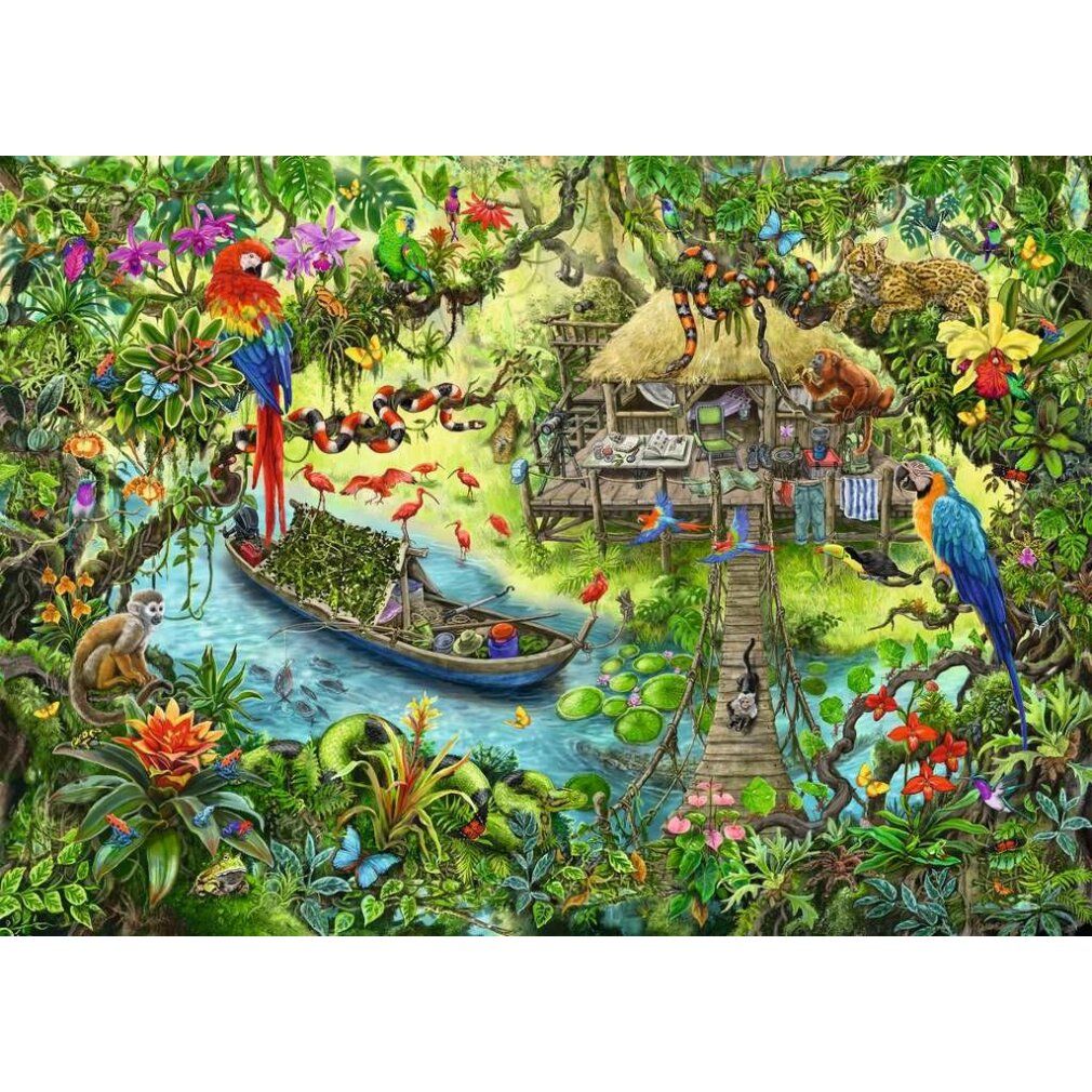 Puzzle della giungla con uccelli colorati, barca, capanna e animali. Illustrazione dettagliata con acqua e piante.