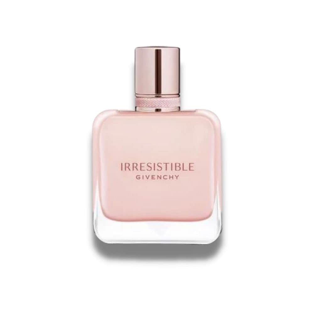 Flacone di profumo. Forma quadrata, liquido rosa. Scritta: Irresistible Givenchy. Tappo rosa.