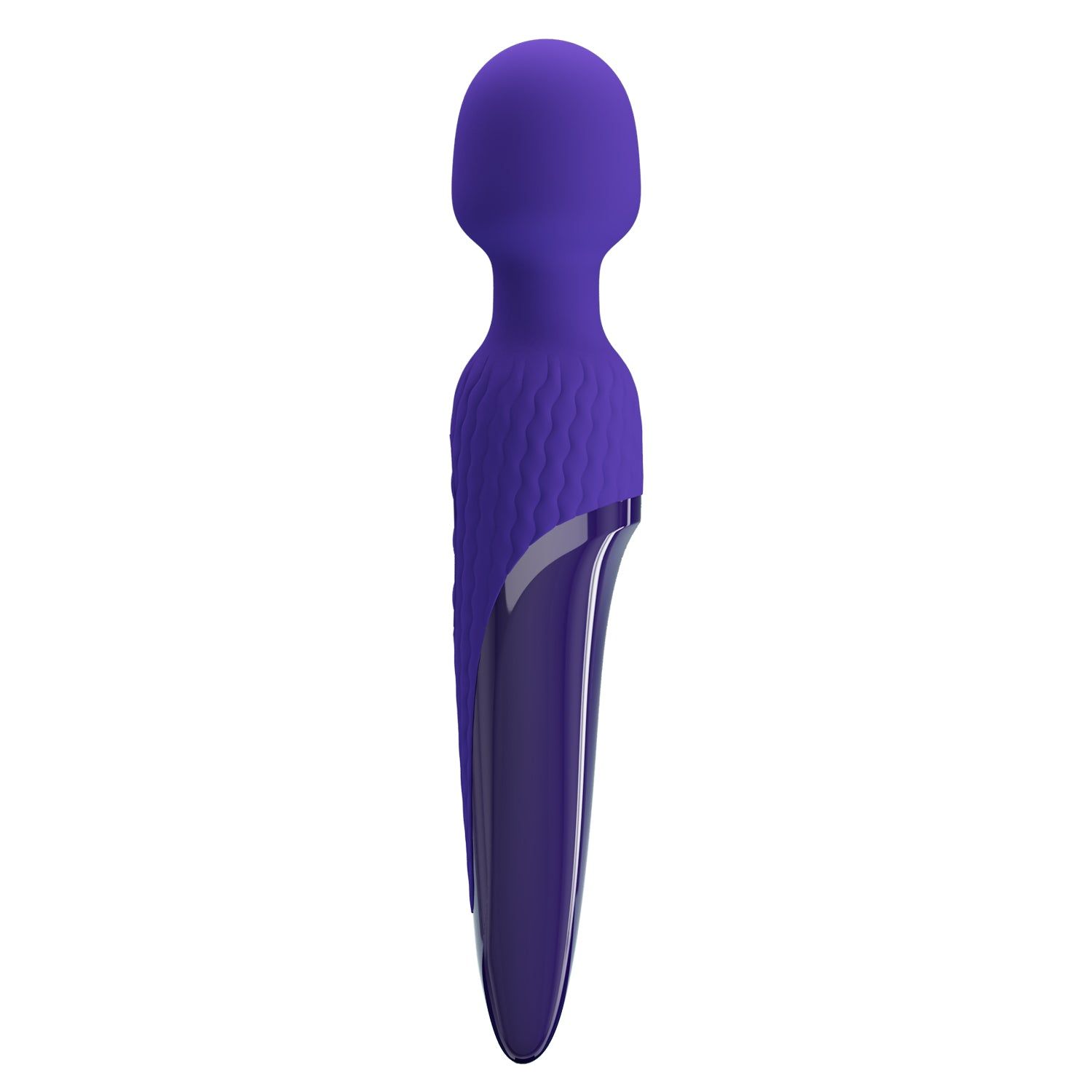 Vibratore viola con testa arrotondata e manico allungato. L'impugnatura ha una superficie liscia e lucida.