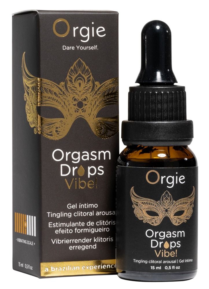 Flacone marrone con contagocce e confezione nera. Nome del prodotto: Orgie Orgasm Drops Vibe! Testo: Gel intimo. 15 ml.