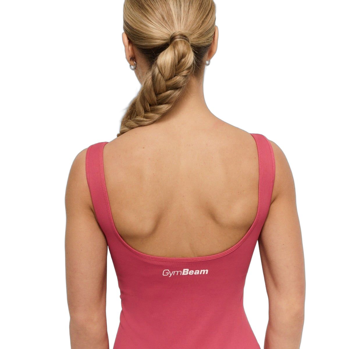 Vista posteriore della parte superiore di una tuta da donna, senza maniche, con logo GymBeam.