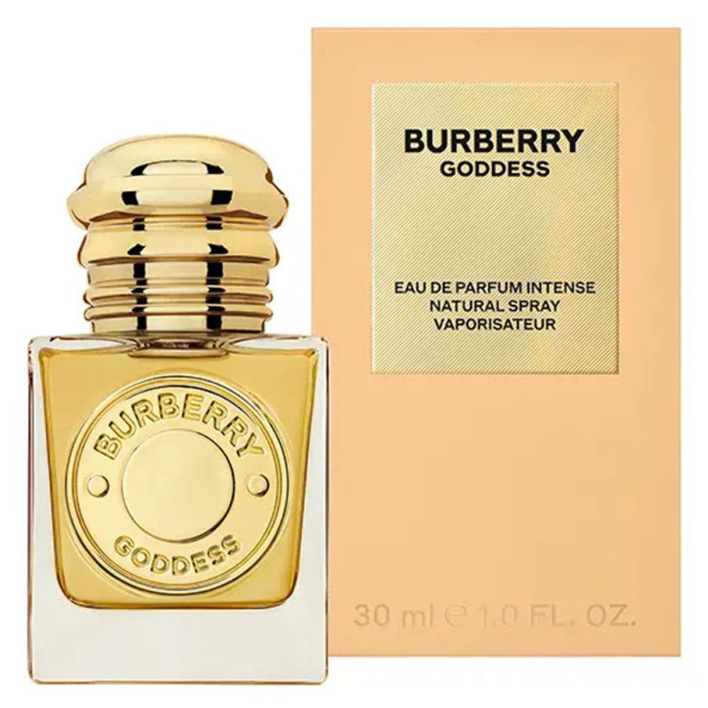 Burberry Goddess Intense Eau de Parfum. Flacone e confezione. 30 ml. Flacone dorato con logo. Confezione con nome del prodotto.