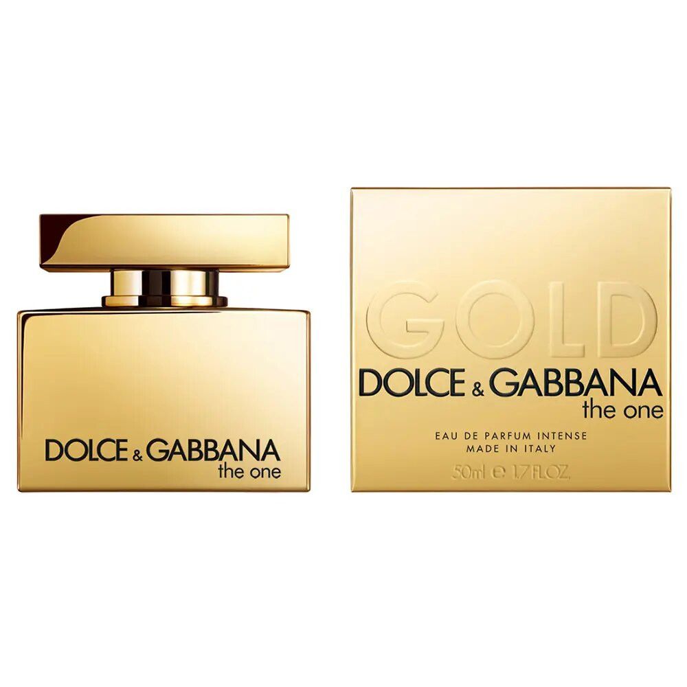 Flacone e confezione dorati. Scritta: Dolce & Gabbana The One. Scritta dorata su sfondo dorato. Made in Italy.