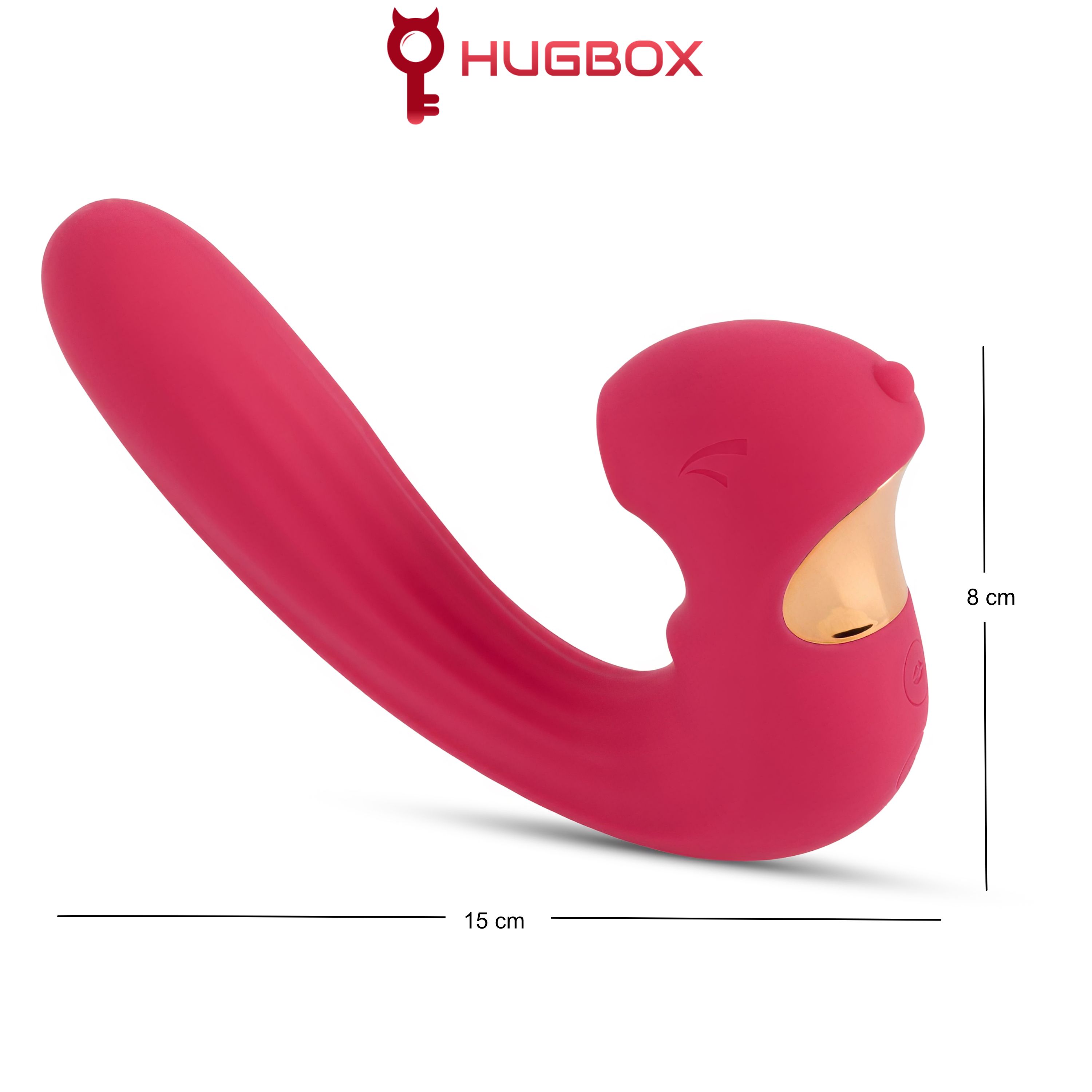 Vibratore rosa con dettaglio dorato. Dimensioni: 15 cm di lunghezza, 8 cm di altezza. Logo HUGBOX.