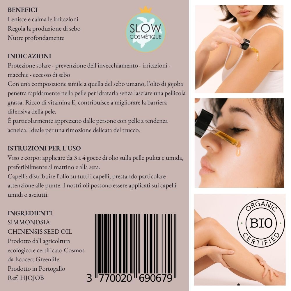 Retro della confezione. Testo: Benefici, Indicazioni, Istruzioni per l'uso, Ingredienti. Certificazione Bio.