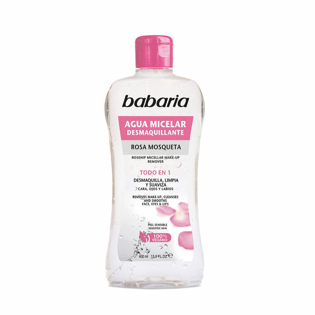 Flacone Babaria Agua Micelar Desmaquillante, tappo rosa. Scritta: Rosa Mosqueta, Todo en 1, 100% Vegano.