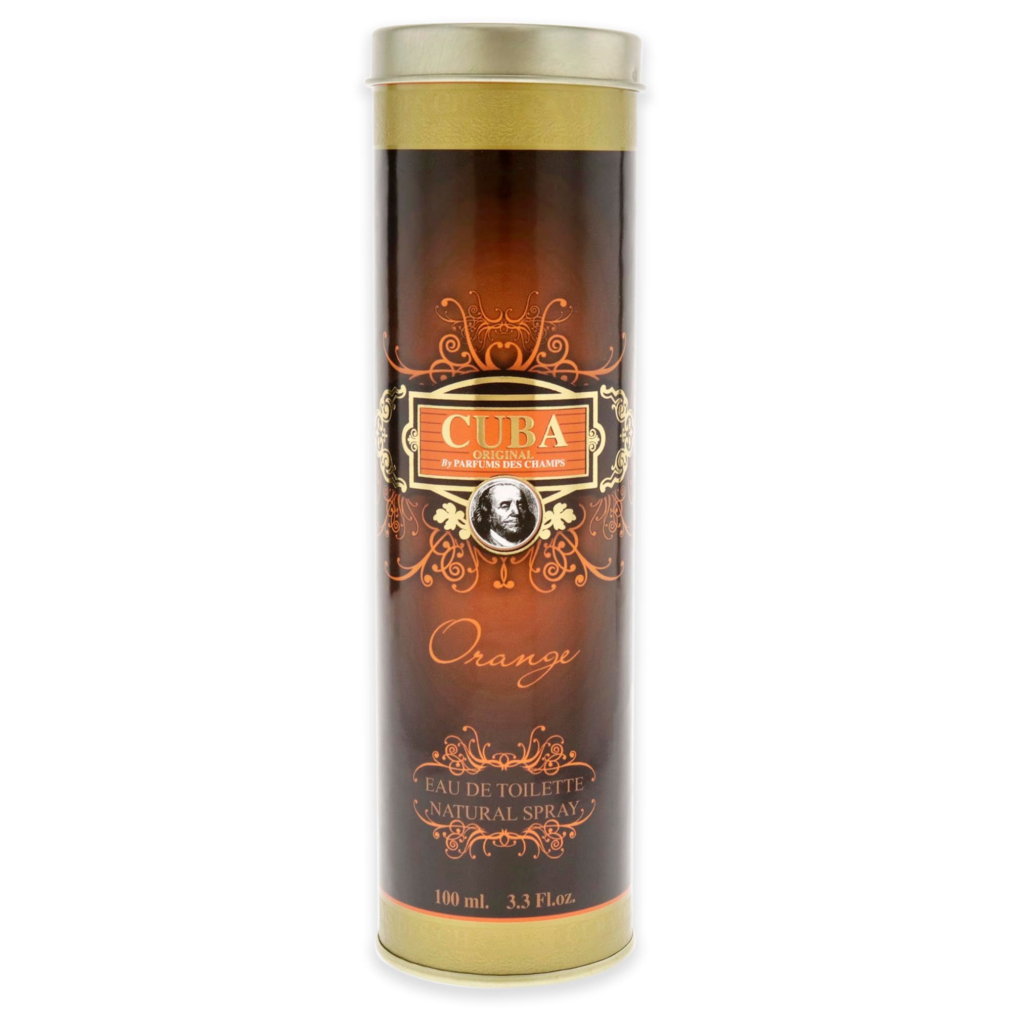 Scatola cilindrica con Eau de Toilette CUBA ORANGE. Coperchio dorato. Ornamenti marroni e dorati.