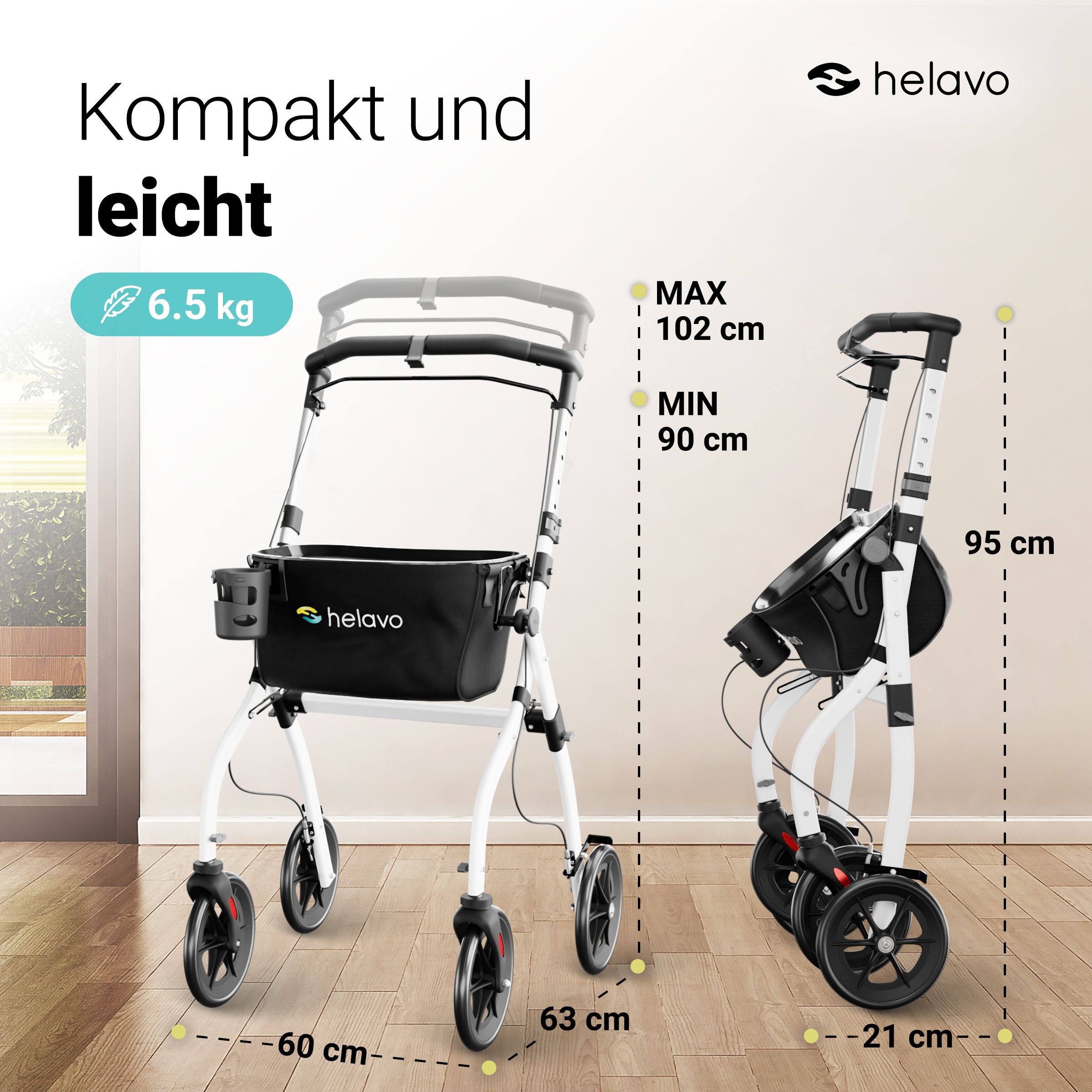 Rollator Helavo: aperto (60cm di larghezza) e piegato (21cm di larghezza), 95cm di altezza.