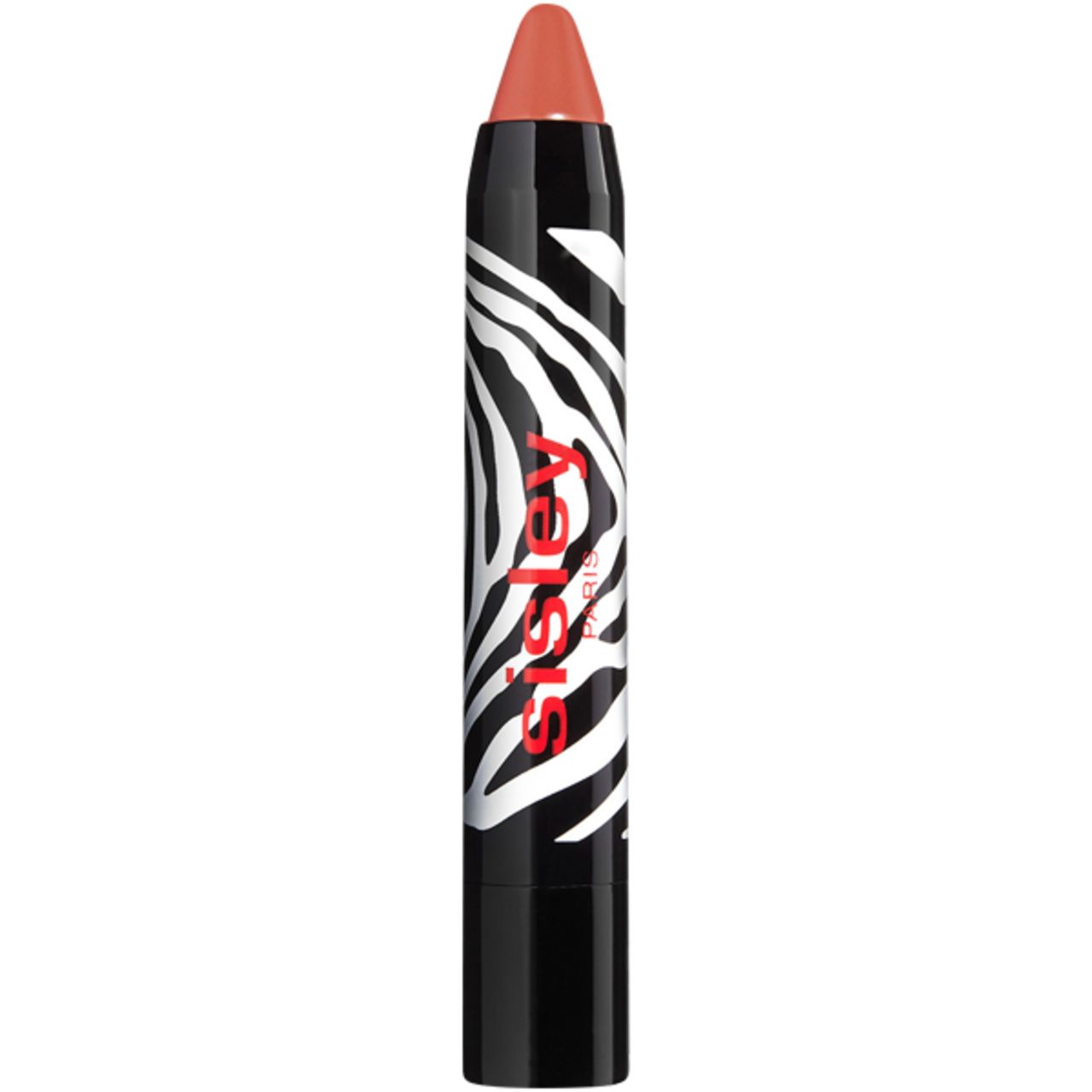 Rossetto in stick. Stick nero con motivo zebrato e scritta rossa. Colore visibile.