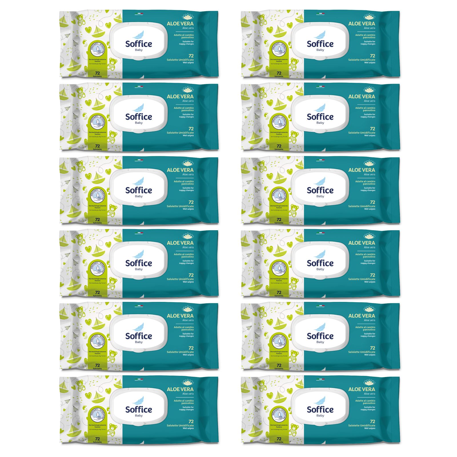 Confezione da 12 pacchi di salviette umidificate Soffice Baby, 72 salviette per pacco.