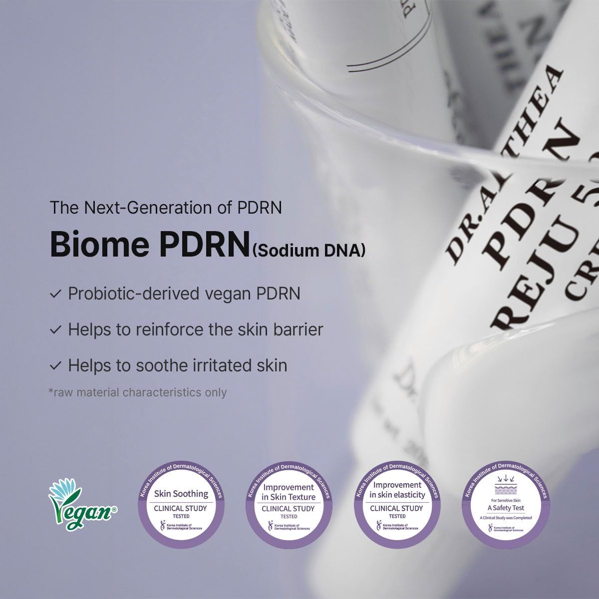 Primo piano di tubi di crema. Scritta: Dr. Althea PDRN Reju 5000 Creme. Loghi: Vegan, lenitivo.