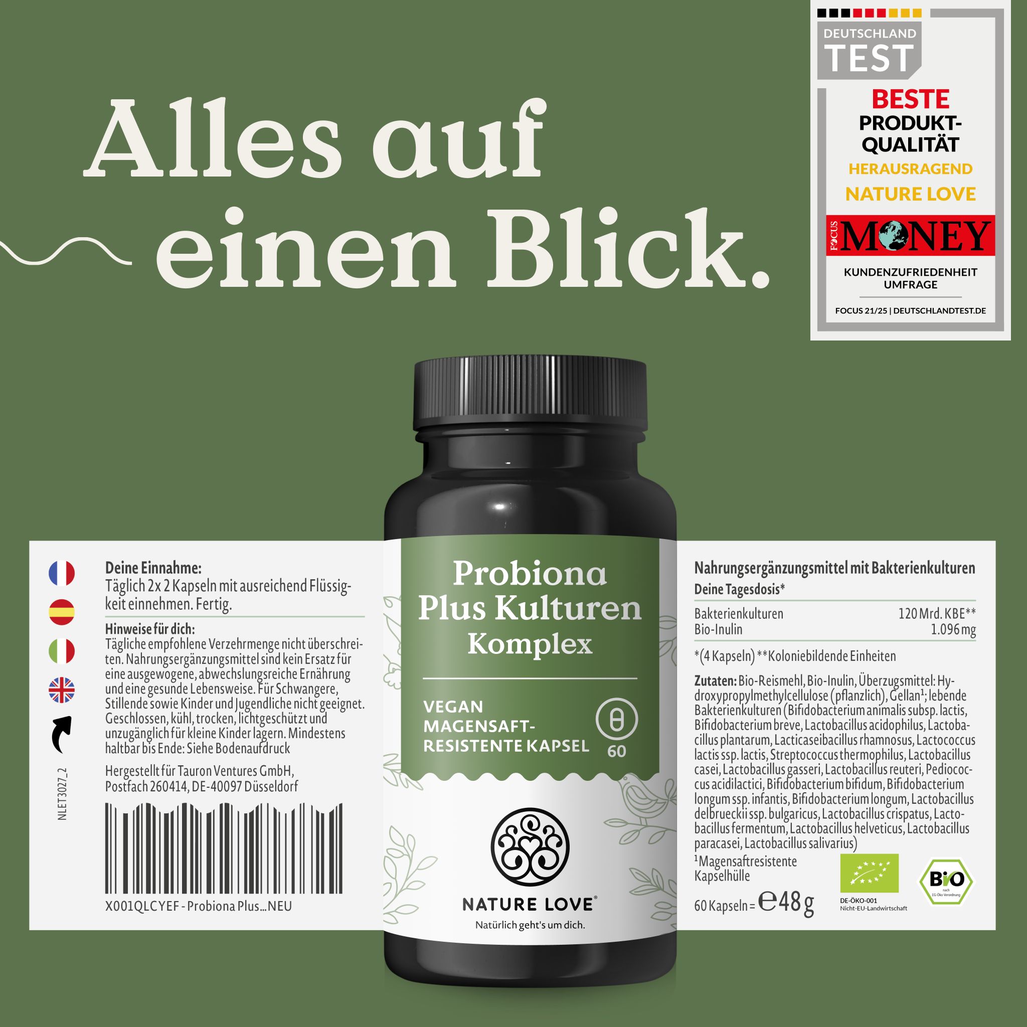 Flacone Probiona Plus Kulturen Komplex con etichetta aperta e informazioni nutrizionali.