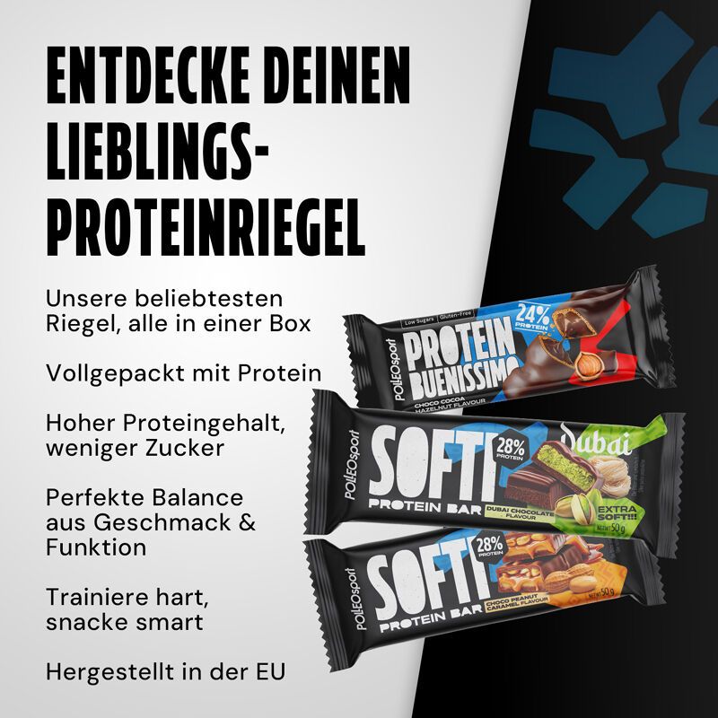 Tre barrette proteiche confezionate. Scritte: PolleoSport, Softi, Protein Buenissimo, Dubai. Testo: Scopri la tua barretta proteica preferita.