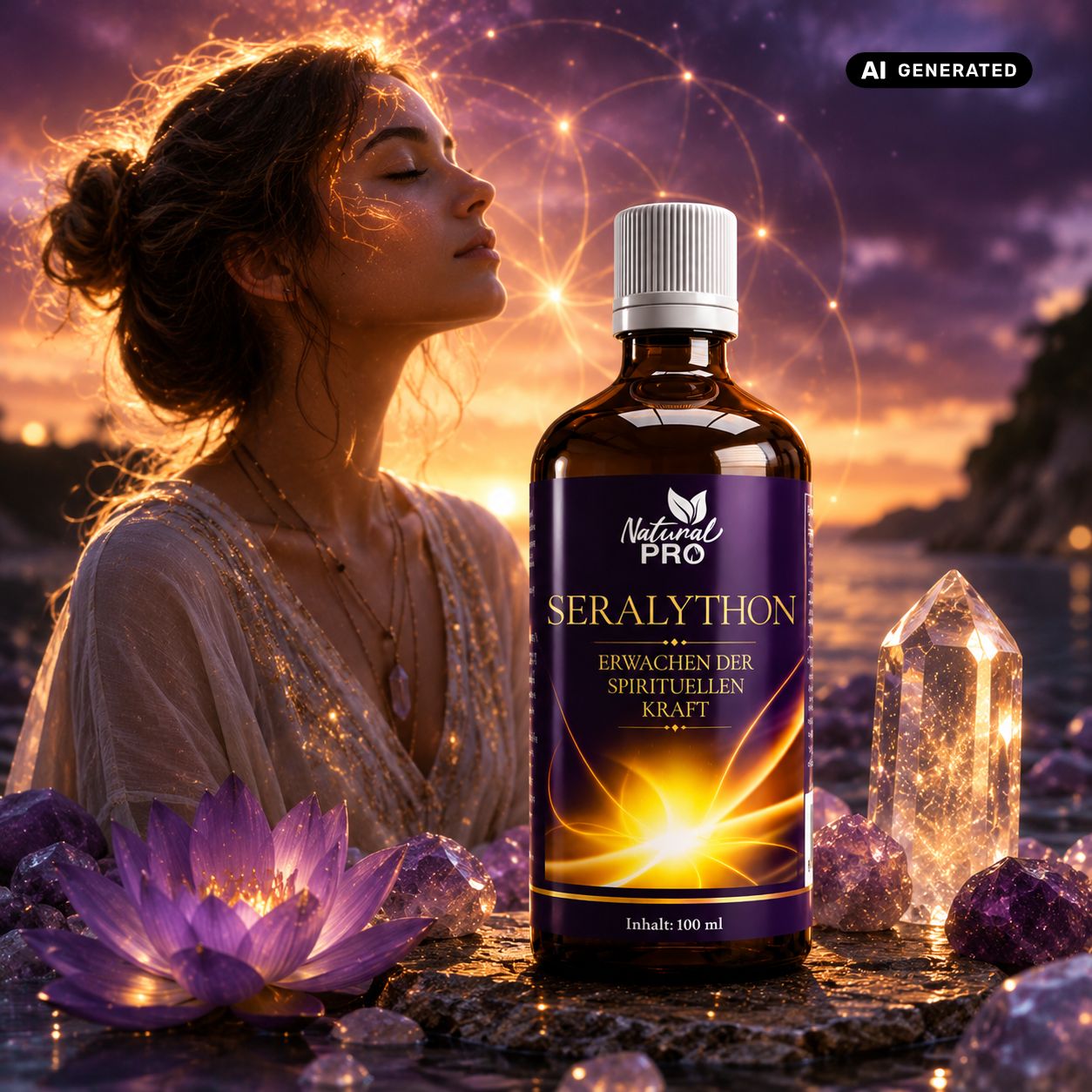 Flacone in vetro marrone con etichetta viola "Natural PRO SERALYTHON" vicino a una donna. Cristalli e fiore di loto visibili.