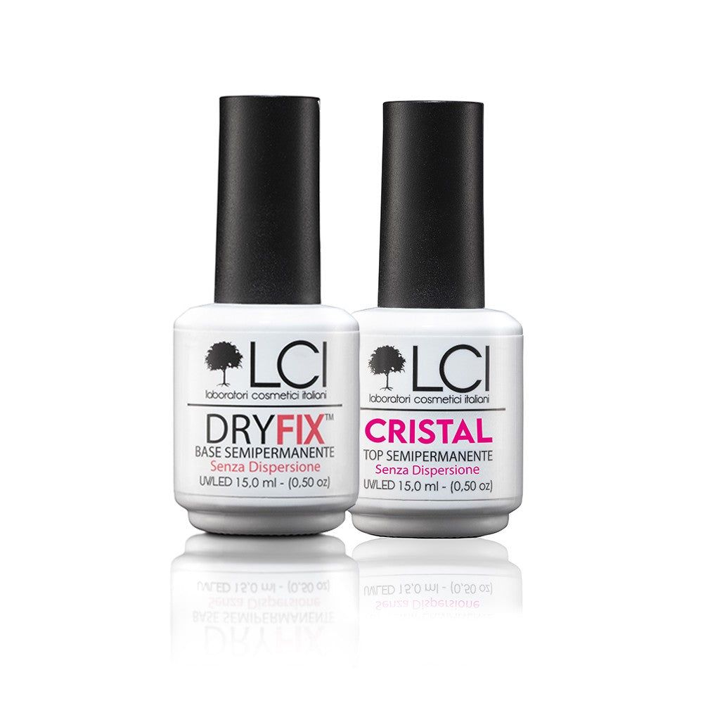 Due flaconi LCI DryFix e Cristal Top. Tappi neri, etichette bianche con testo. Base e top per smalto semipermanente.