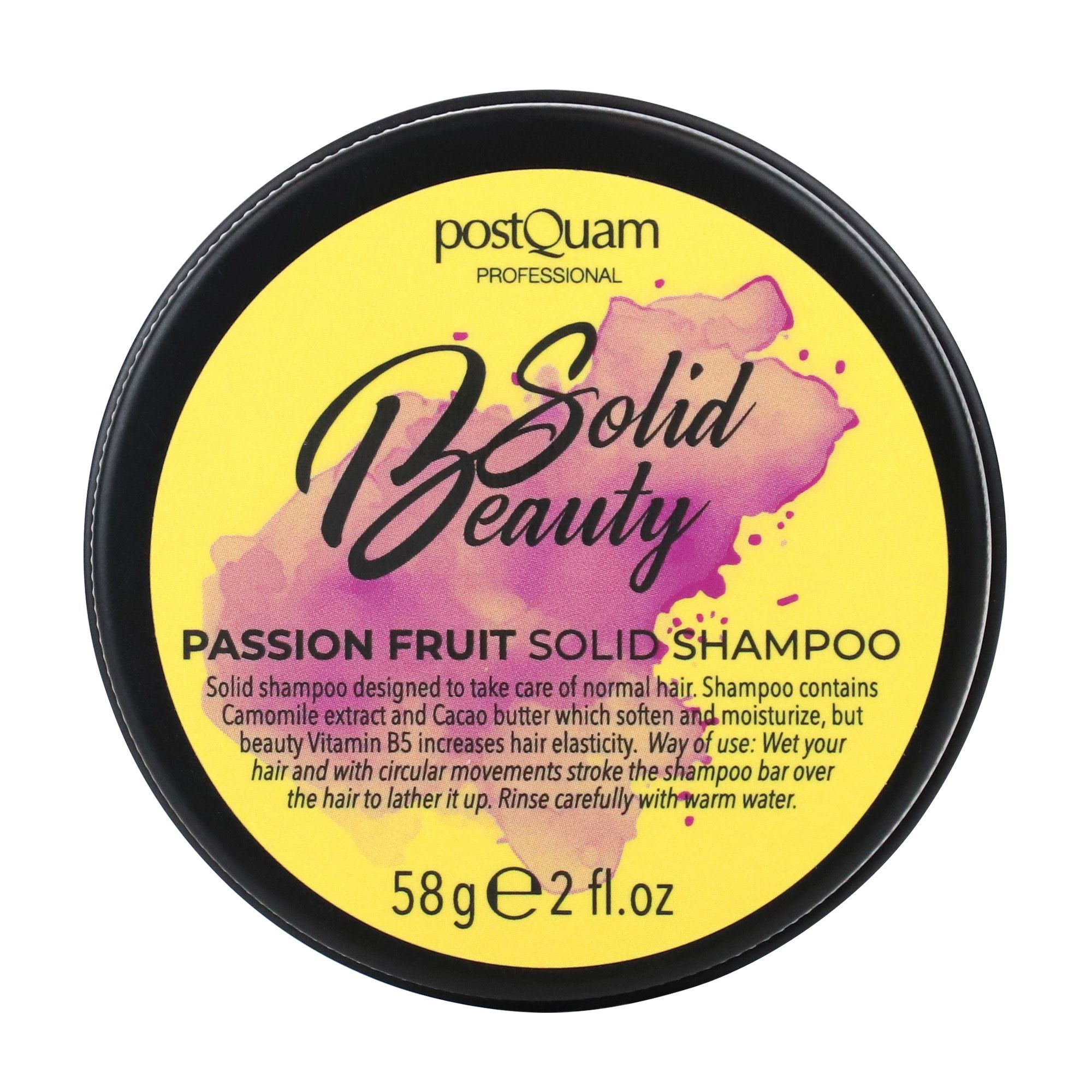 Coperchio nero con sfondo giallo e scritta: B Solid Beauty, Passion Fruit Solid Shampoo. 58g e 2 fl.oz.