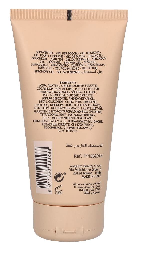 Retro di un tubo con ingredienti e testo. Beige, tappo marrone. Testo: gel doccia, ingredienti, 12M.