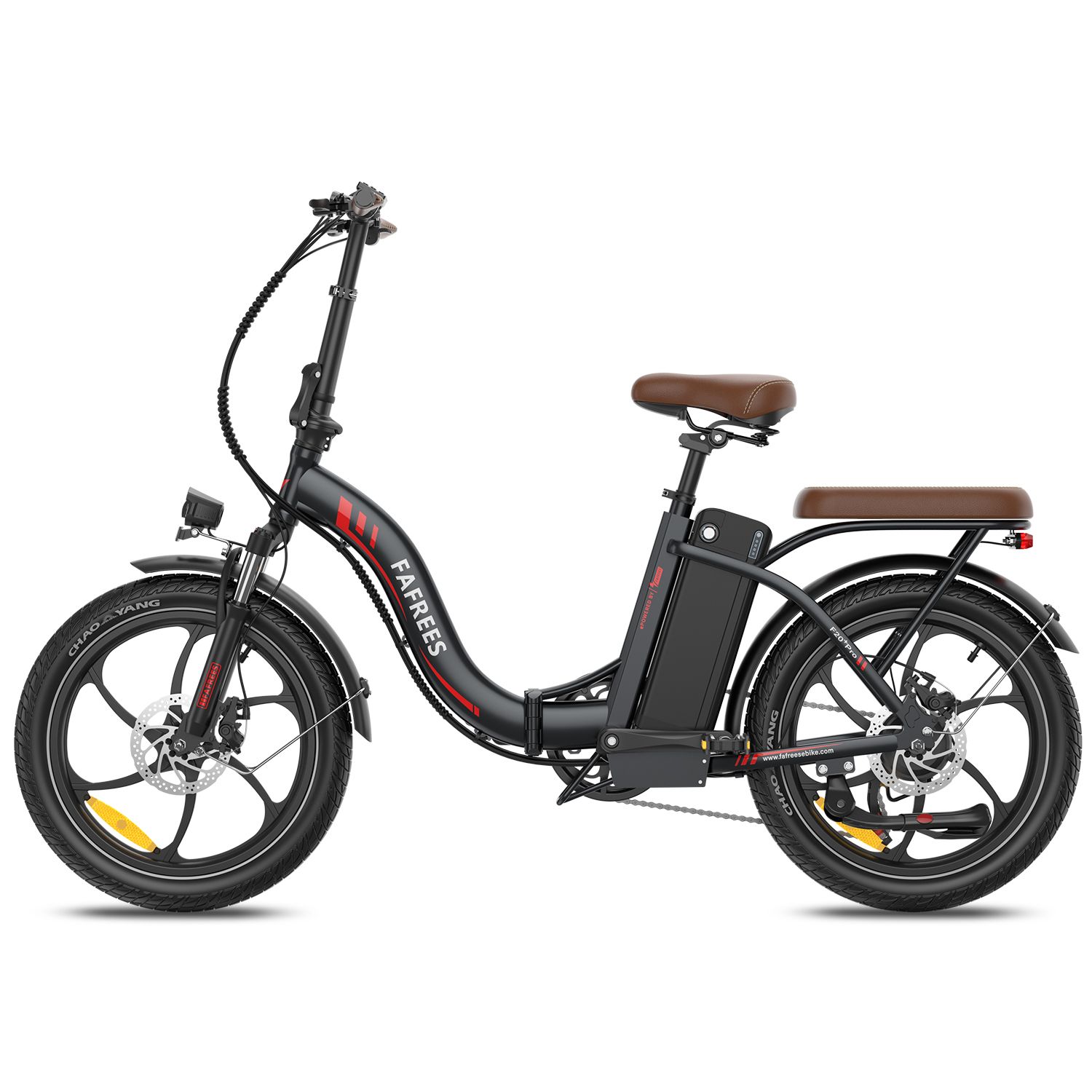 E-bike pieghevole, nero con sella marrone. Marchio Fafrees. Dettagli visibili: ruote, batteria, parafanghi.