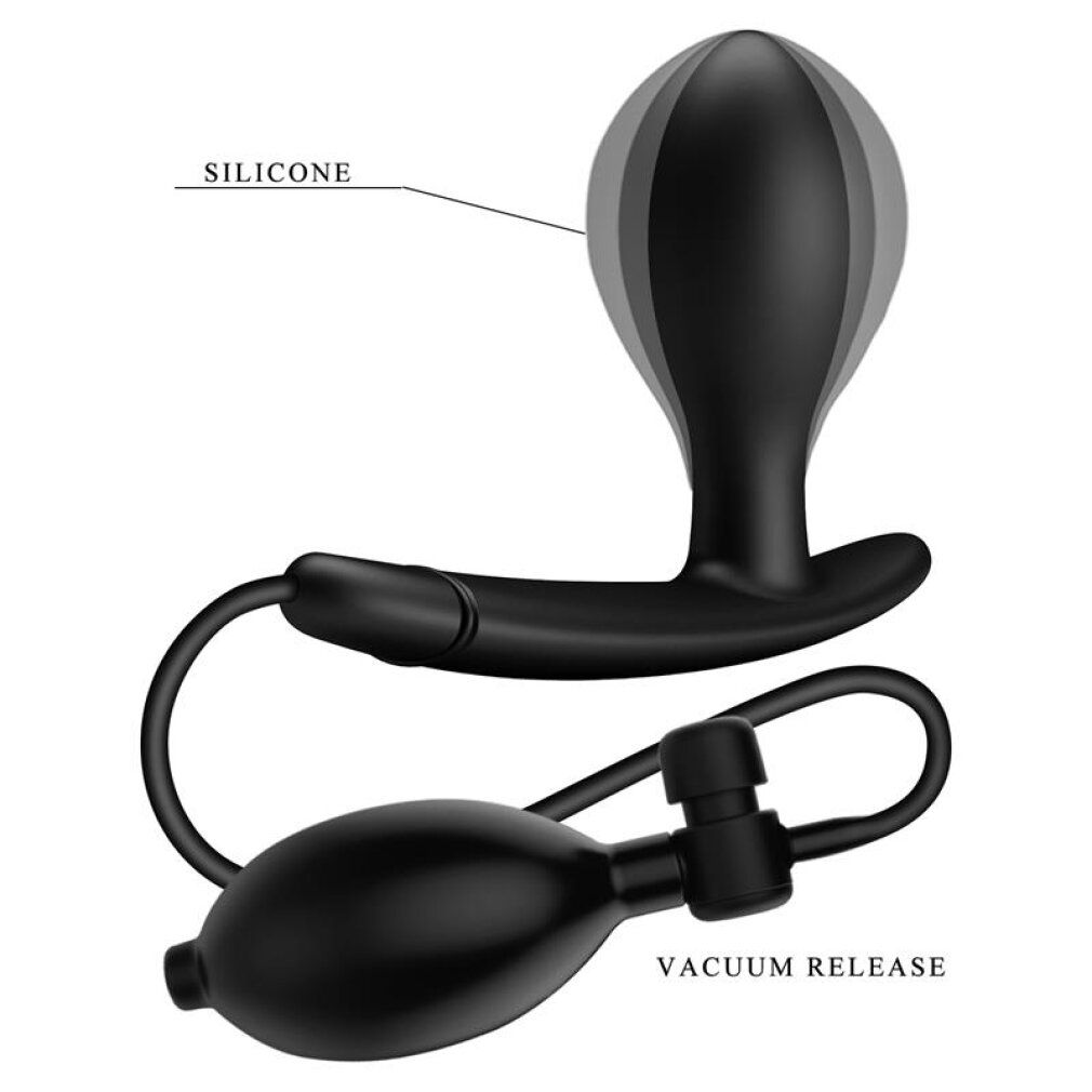 Plug anale gonfiabile nero in silicone con pompa. Il plug ha uno sblocco a vuoto.