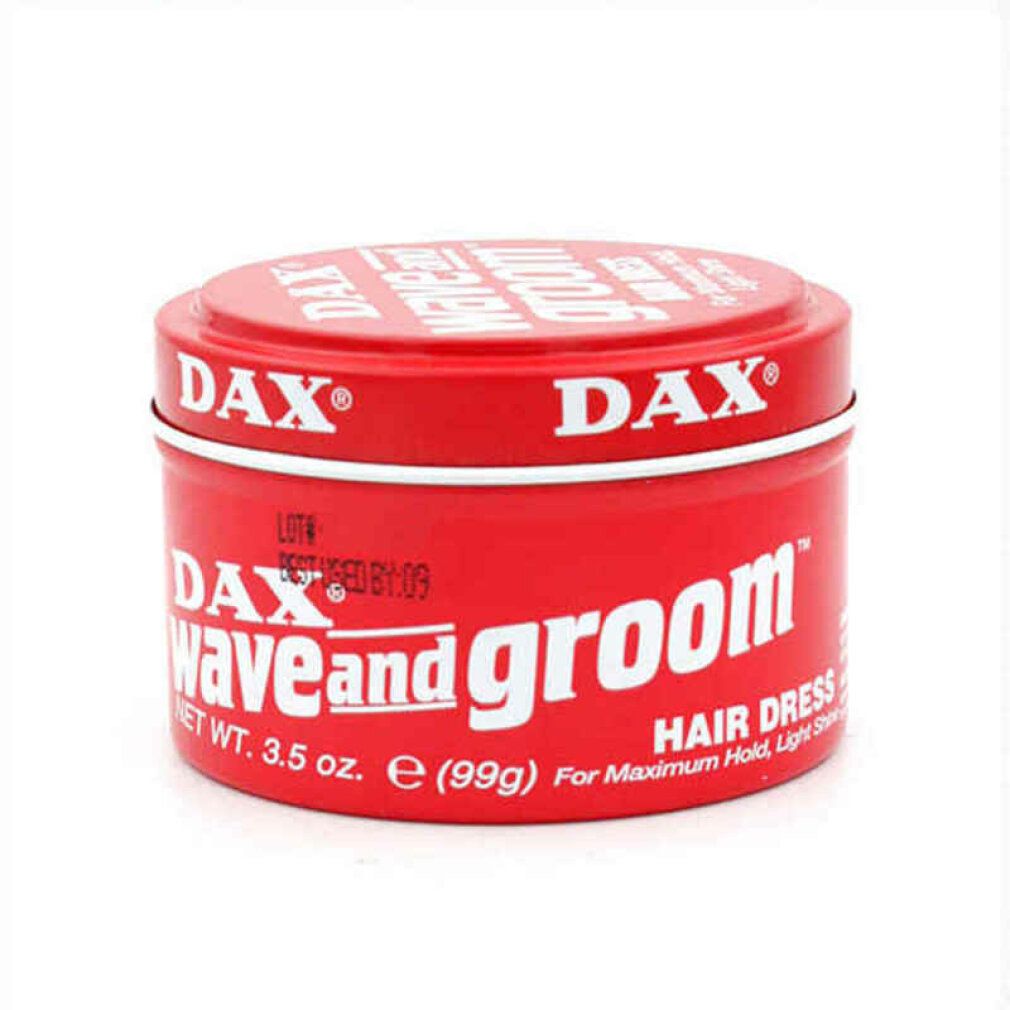 Barattolo rosso DAX Wave and Groom Hair Dress. Contenitore rotondo con testo bianco. Contiene 3,5 oz.