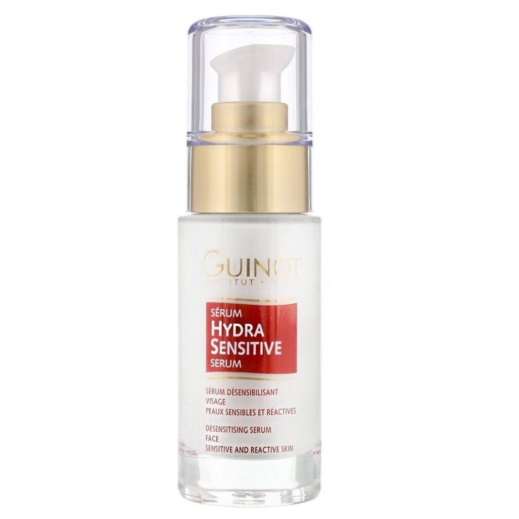 Siero bianco con chiusura dorata e coperchio trasparente. Etichetta rossa con testo: Hydra Sensitive Serum. Logo Guinot.
