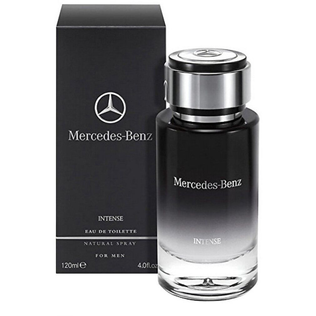 Scatola nera e flacone. Flacone con tappo argentato. 'Mercedes-Benz Intense'. 120ml, 4 fl.oz.