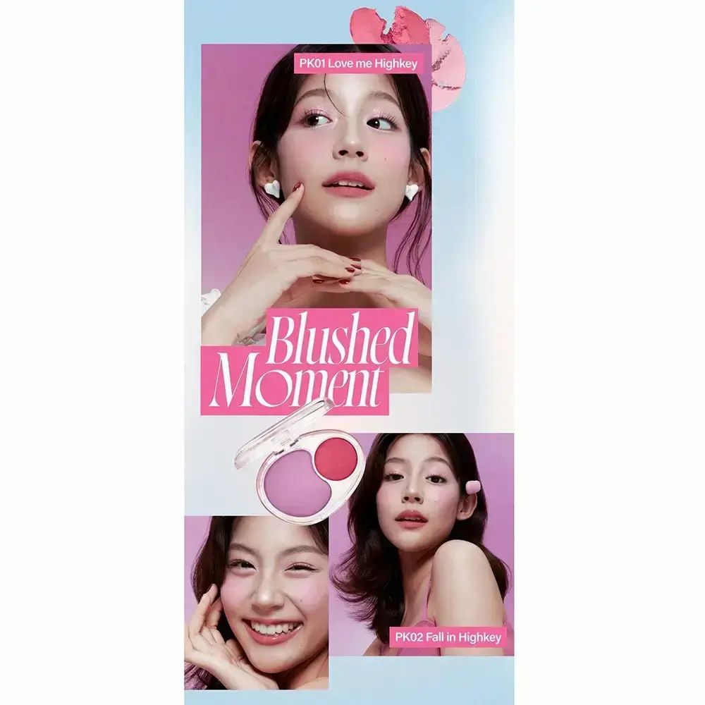 Immagine pubblicitaria con modella che indossa il fard. Prodotto: Fard in due tonalità, PK02 Fall in Highkey. Diverse immagini.