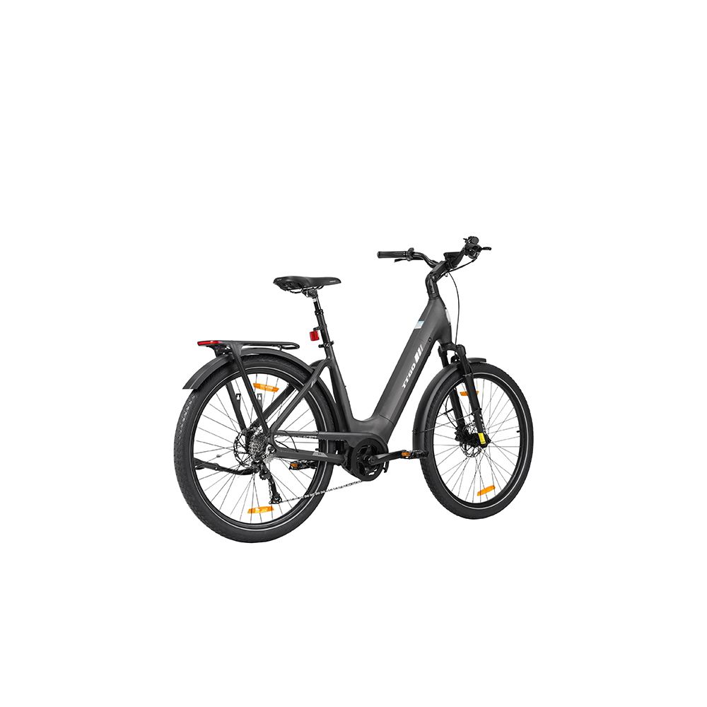 Bicicletta elettrica grigia con pneumatici e parafanghi neri. Portapacchi posteriore. Riflettori gialli sulle ruote.