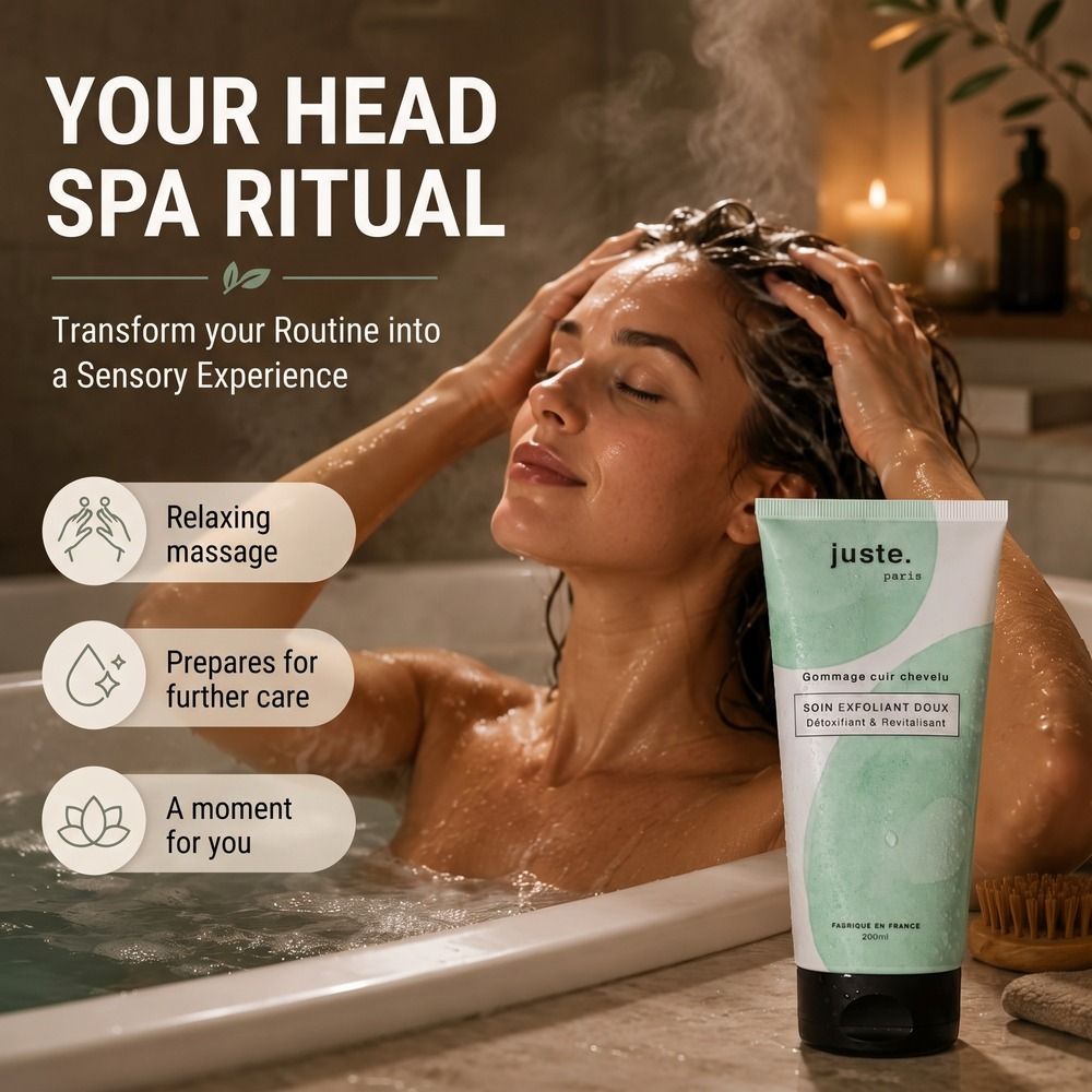 Una donna si gode un rilassante bagno per la testa con un tubo di 'juste. paris soin exfoliant doux'.