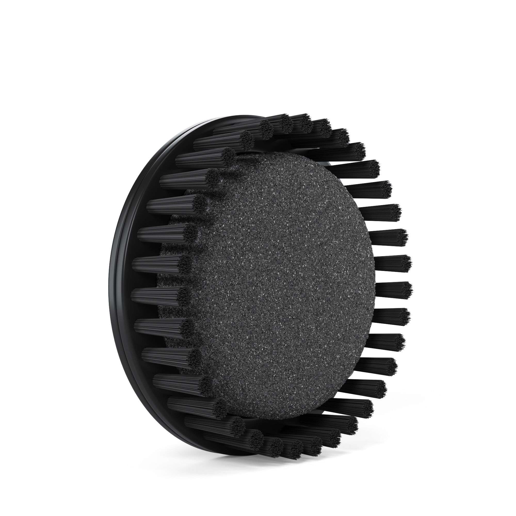 Testina spazzola nera con corona di setole nere e spugna grigia al centro. Forma rotonda.