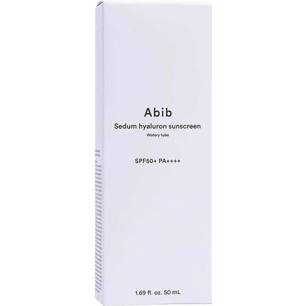 Confezione della crema solare Abib Sedum Hyaluron. Scatola bianca con scritte nere, SPF 50+ PA++++.
