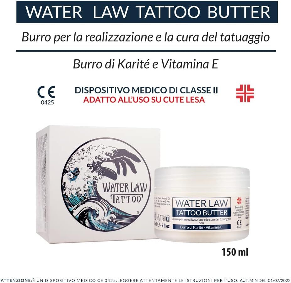 Confezione e vasetto del prodotto. Scritta: Water Law Tattoo Butter. Dispositivo medico.