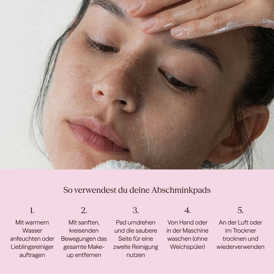 Donna usa un dischetto struccante. Il testo mostra i passaggi: inumidire, massaggiare delicatamente, girare, lavare, asciugare e riutilizzare.