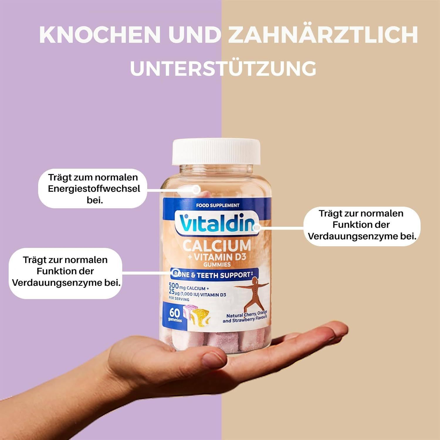 Mano che tiene flacone VITALDIN Calcium + Vitamina D3 Gummies. 60 caramelle gommose. Contiene 500mg calcio e 25µg vitamina D3. Testo: Supporto osseo e dentale.