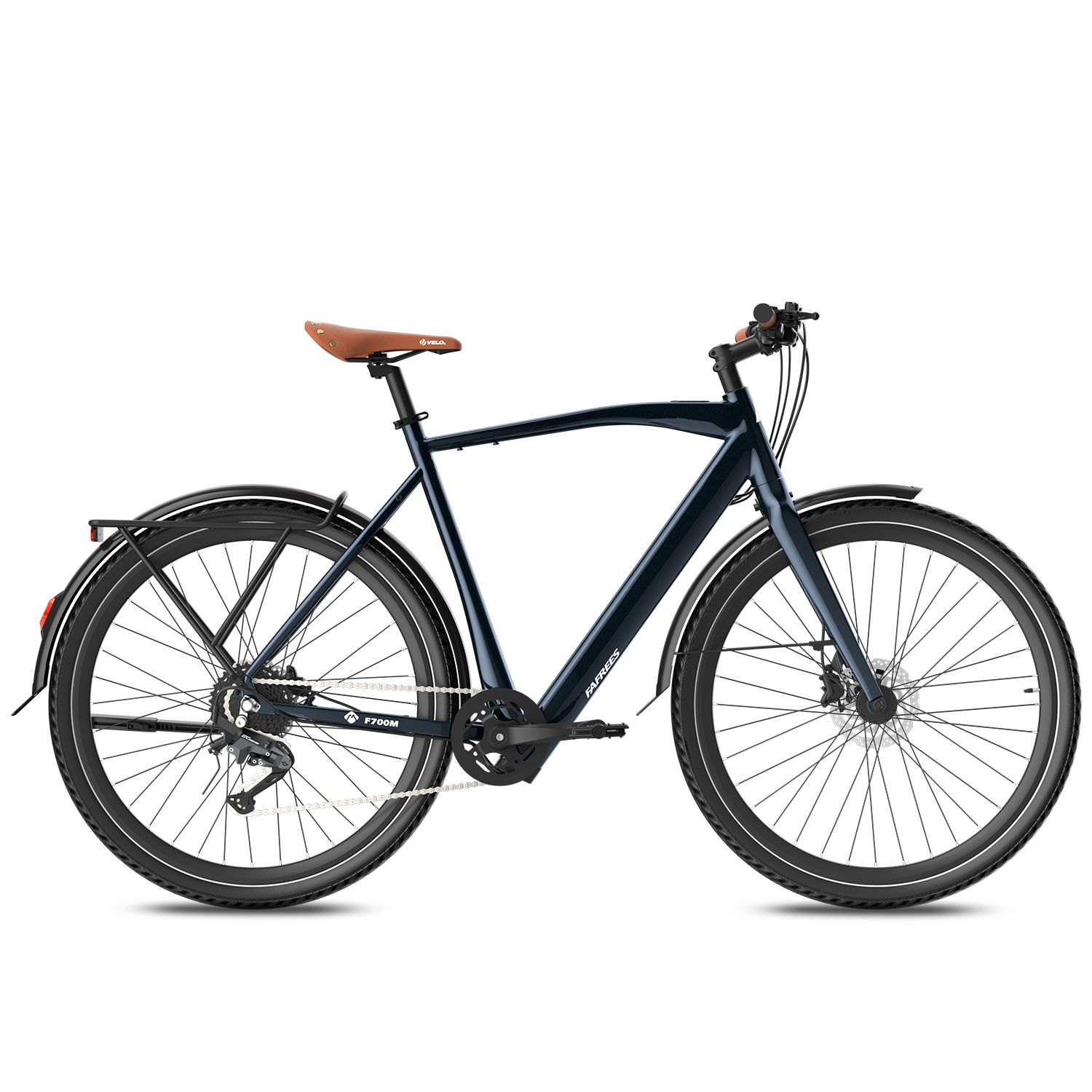 Bicicletta elettrica blu scuro con sella marrone. Parafanghi, portapacchi e pneumatici neri. Logo Fafrees.