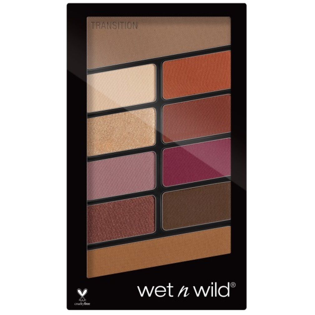 Palette ombretti a 10 colori. Confezione nera. Marchio wet n wild. Cruelty-free. Varie tonalità di marrone, rosa e beige.