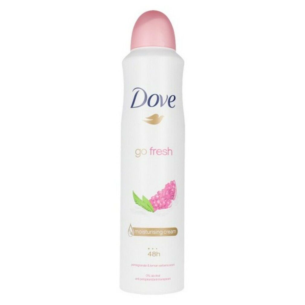 Deodorante bianco con tappo rosa. Scritta Dove, go fresh e illustrazione di un frutto. Protezione 48h.