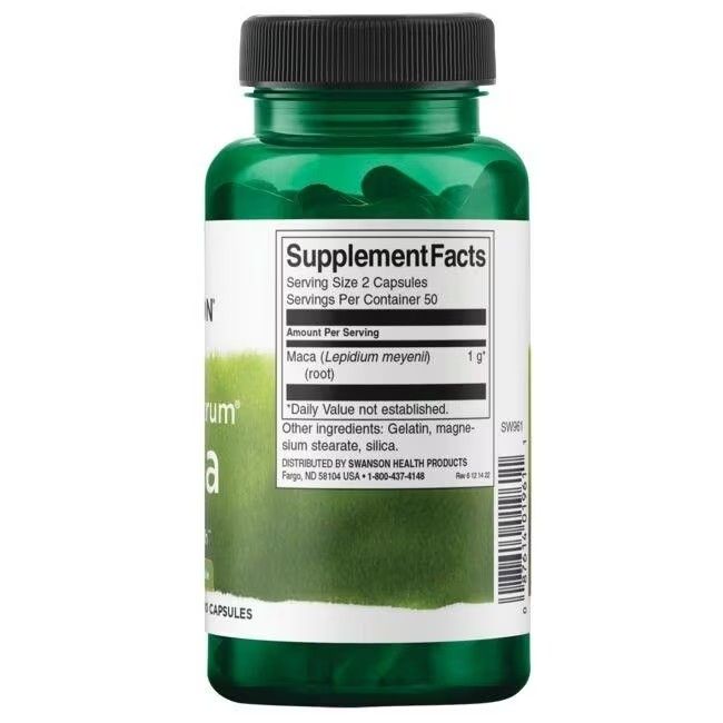 Retro del flacone verde. Etichetta con informazioni nutrizionali, logo Swanson e ingredienti: Maca.