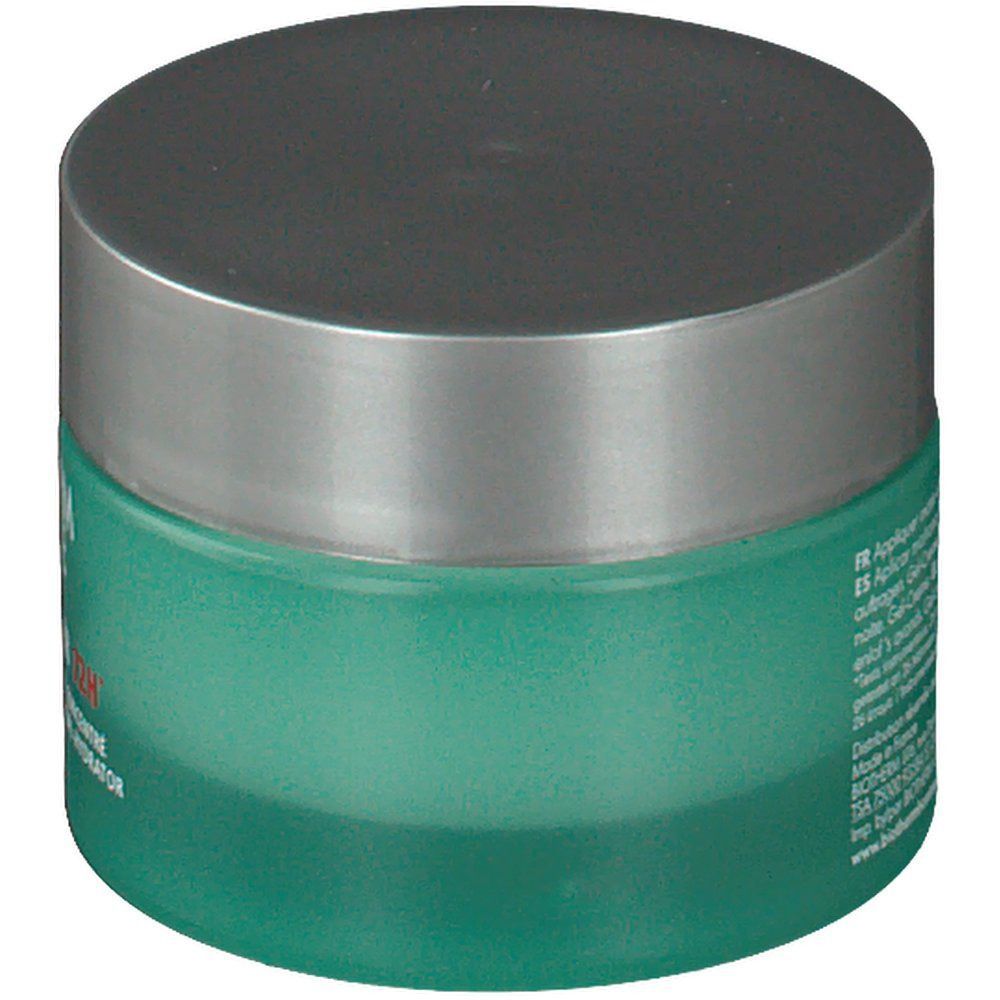 Vasetto verde con coperchio argentato. Scritta illeggibile. Prodotto BIOTHERM HOMME.