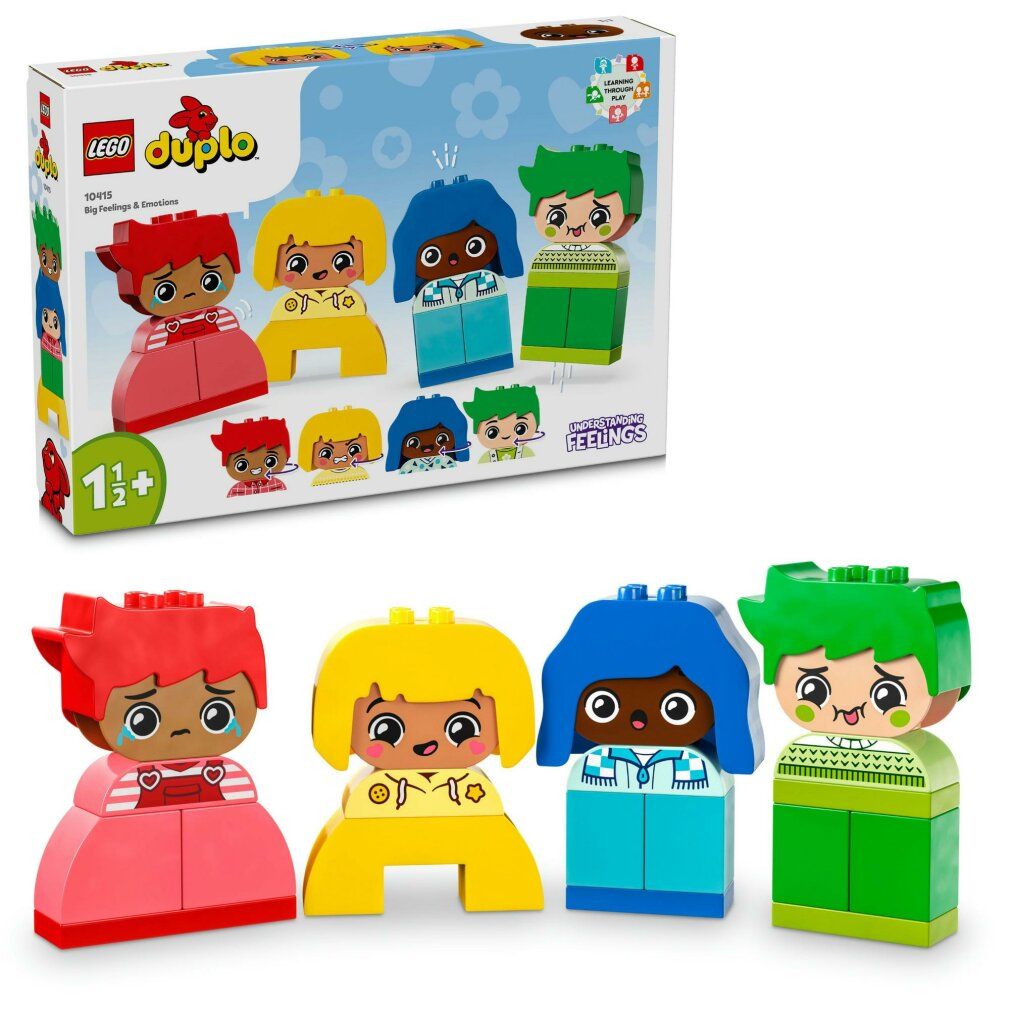 Set LEGO DUPLO. Quattro personaggi: rosso, giallo, blu e verde. Espressioni facciali. Confezione con nome del prodotto e età consigliata.