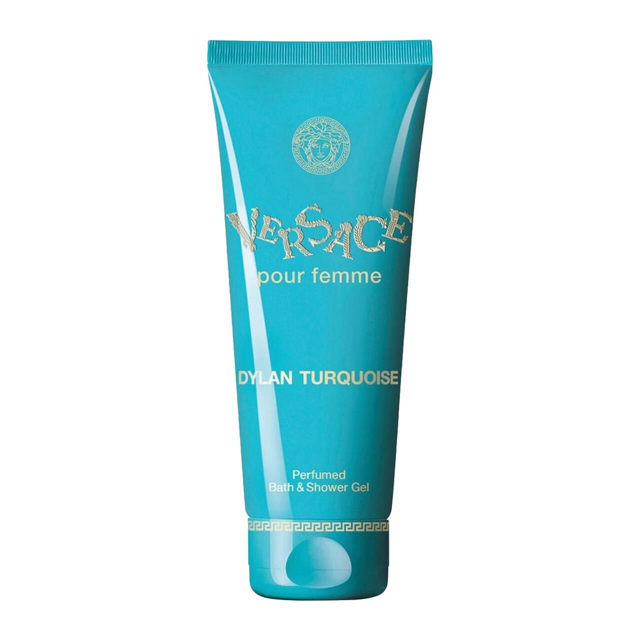 Tubo turchese. Scritta: Versace pour femme, Dylan Turquoise. Gel doccia. Scrittura dorata.